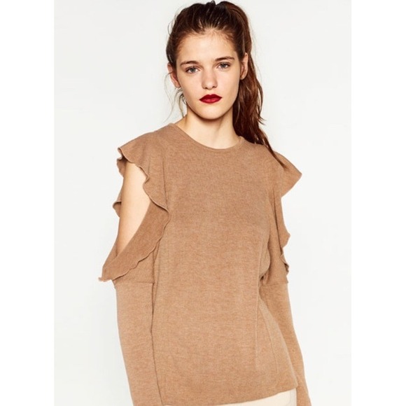 Zara Woman's Ruffle-Sleeve Cold‎ Shoulder Sweater - Women's Size Large - Picture 1 of 6